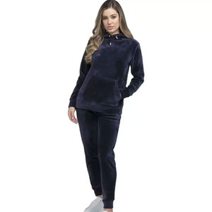 Conjunto Deportivo de 2 Piezas para Mujer, Color Azul Sólido, Ropa Deportiva de Invierno, Sudadera con Capucha y Pantalones de Felpa de Manga Larga, Tejido de Poliéster/Algodón - Product Image 4