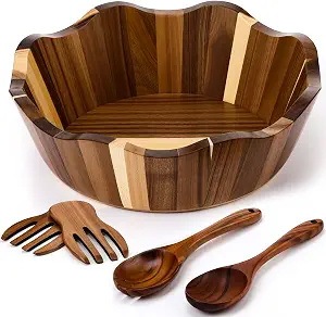 Bol de service en bois d'acacia naturel, fait main, en bois massif, pour salade, fruits, mélange, vaisselle rustique pour la cuisine, la maison, le restaurant - Product Image 3