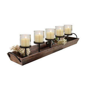 Porte-bougie rustique 5 tasses sur plateau en bois vieilli avec poignée, bougies votives en verre et accents en fer, parfait pour la décoration intérieure - Product Image 2