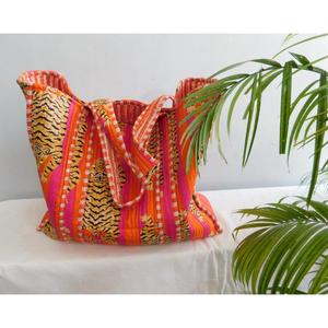 Bolsa de Mano de Algodón Hecha a Mano, con Estampado de Bloques, Acolchada, con Cierre Abierto, Estilo Boho, Reutilizable, para Compras, Casual, para Mujer, Verano, Otoño, Primavera - Product Image 1