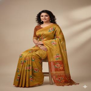 Sari de Seda Zarna Premium VASTRA COTTAGE con Vibrante Estampado Floral Digital, Elegante Borde Zari y Borlas Hechas a Mano - Product Image 2