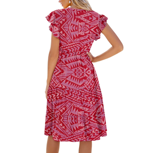 Vestido Midi con Estampado Tribal Samoano para Mujer, Vestido de Vacaciones con Volantes Geométricos Polinesios, Cuello en V y Bolsillos - Product Image 2