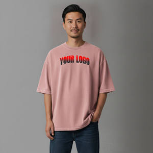 Offre de personnalisation : T-shirt rose surdimensionné en coton pour homme avec logo imprimé, style col rond, manches courtes décontractées, respirant. - Product Image 4
