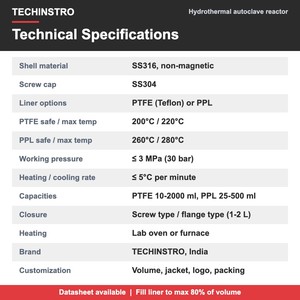 Autoclave Hidrotermal de Alta Presión, Reactor de 3MPa, Carcasa de Acero Inoxidable SS316, Revestimiento de PTFE o PPL, Recipiente de Reacción de Laboratorio de 10ml a 2000ml - Product Image 5