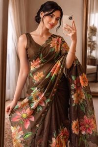 Nuevo Sari Indio Moderno con Estampado Floral Rosa, Tela de Lino Suave de Primera Calidad, Ropa Casual Tradicional India para Mujer, Reciclada - Product Image 3