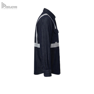Chemise de travail de sécurité en denim foncé personnalisée OEM, 100% coton, avec deux poches à rabat sur la poitrine, coutures argentées, bande réfléchissante - Product Image 3