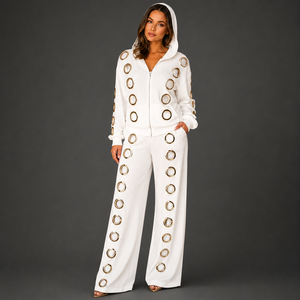 Luxury Women's Eyelet Hooded Tracksuit Set | Oversized <b>Zip</b>-<b>Up</b> <b>Jacket</b> & Wide Leg Pants | Premium Streetwear | Custom OEM Private - Product Image 1