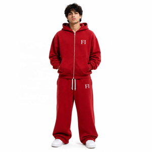 Ensemble de survêtement molletonné zippé pour homme avec logo imprimé, coupe oversize, style streetwear décontracté, vente en gros - Product Image 1