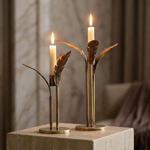 Elegant Antique Iron Brass Finish Handmade Feather <b>Taper</b> <b>Candle</b> Holder Stand Set 2 Modern Metal Leaf Design Christmas Home Decor - Product Image 4