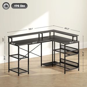 Scrivania a L da 150 cm con luci LED, prese di corrente e libreria per ufficio domestico in spazi ridotti - Nera - Product Image 3