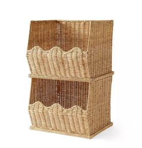 Handmade Scalloped Woven Rattan <b>Stackable</b> Bin - Open-Front Natural Wicker Toy Organizer for Nursery - Product Image 1