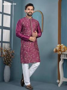 Festival wear Trendy Silk with Embroidered-All Over work & Full-Sleeve Readymade <b>Man's</b> <b>Kurta</b>-Payjama Supplier from Surat - Product Image 2