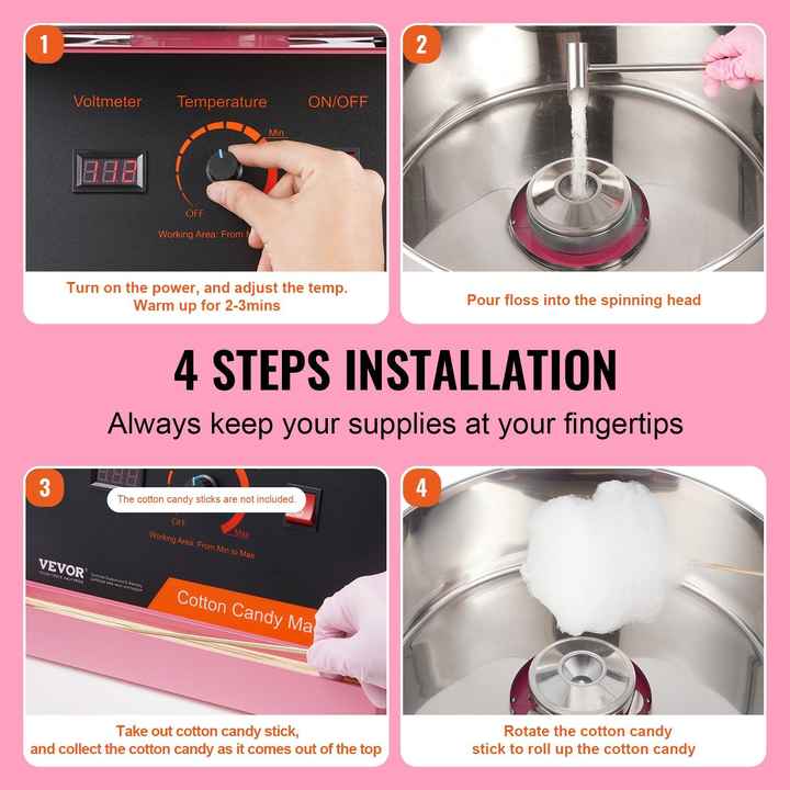 1000W Electric Commercial Cotton Candy Machine Pink Stainless Steel Bowl & Sugar Scoop for Kids Birthday & Family Party Home Use