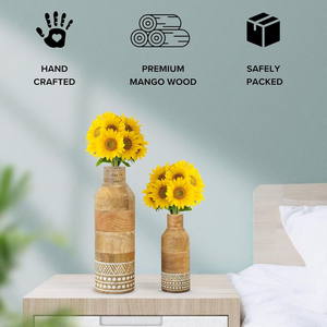 Vases en bois sculpté style bohème, design gravé, forme bouteille, en bois de manguier, lot de 2, pour fleurs, décoration intérieure - Product Image 4
