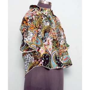 Túnica Moderna con Estampado Floral, 100% Algodón Lavable, Estilo Casual Femenino, Cuello Mandarín con Volantes, Manga Media, Mini - Product Image 4