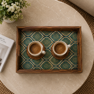 Plateau de service rectangulaire en bois et émail fait main de qualité supérieure, motif décoratif vert, plateau en bois pour le petit-déjeuner et le café - Product Image 2