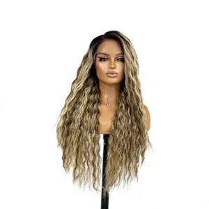 Perruques Lace Front Longues Ondulées Blond Cendré avec Mèches, Cheveux Vierges Ondulés Effet Eau, Vente en Gros - Product Image 4