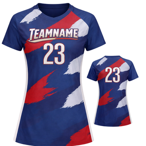 Maillot de football personnalisé pour femmes, bleu, rouge et blanc, design brossé, manches courtes, respirant, séchage rapide, uniforme d'équipe de football pour filles - Product Image 1