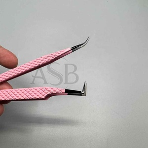 Long Curved Isolation Fiber Tip Lash Tweezers <b>Heart</b> Engraved Stainless Steel <b>Black</b> Pink Diamond Grip Eyelash Extension Tweezers - Product Image 4