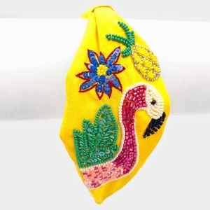 Bandeau pour cheveux flamant rose à perles jaunes avec broderie florale, accessoire décontracté de style ethnique fait main - Product Image 1