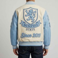 Veste de style preppy pour homme, bleu crème, avec broderie de la lettre M, coupe classique, col classique, pour l'automne, veste varsity homme