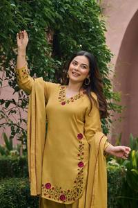Women's Mustard Yellow Cotton <b>Kurta</b> Set With Red Floral Embroidery Loose Fit Traditional <b>Indian</b> Pakistani Style Casual Wear - Product Image 5
