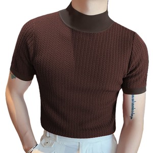 <b>Men's</b> Summer Short Sleeve Knitted Solid Half <b>Turtleneck</b> <b>Sweater</b> Pullover Slim Fit Red Acrylic Top - Product Image 4