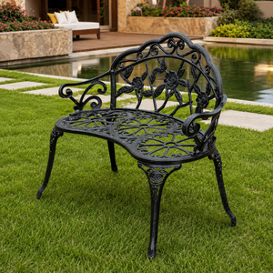 Black Cast Iron Rose Garden <b>Bench</b> Outdoor <b>Metal</b> Patio Seat Floral Scrollwork Lawn Balcony Backyard Furniture Luxury Style - Product Image 1