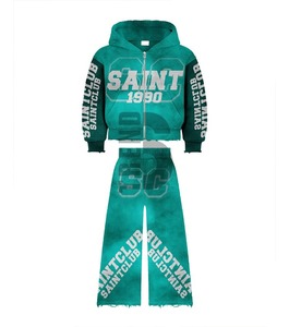 Custom Breathable Acid Wash Tracksuit Cotton Jogging Suit Embroidery Sweat Suit Flared Sweatpants Hoodies <b>Set</b> Distressed - Product Image 2