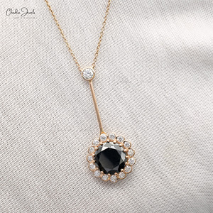 Produits tendances : Collier chaîne en diamant noir naturel taille ronde 9x9mm avec halo de diamants en or rose fin 14 carats – Cadeau - Product Image 4