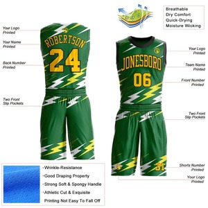 Ensemble de maillots de basket-ball sublimés personnalisés, vert jaune, imprimé éclair, nom de l'équipe, numéro 00, unisexe, adulte, maille respirante - Product Image 2
