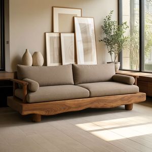 Sofá de Madera Maciza Hecho a Mano – Sofá Rústico de Madera con Borde Natural y Diseño de Cojines Modernos y Minimalistas - Product Image 1