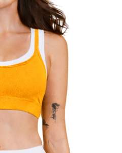 Women Mustard Yellow <b>White</b> Contrast Sports Bra And Flare Pants Set High Waist Stretch Yoga Fitness Gym Wear Custom OEM Wholesale - Product Image 5