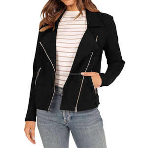 Vestes pour femmes en daim de Style motard noir avec fermeture éclair asymétrique col à revers manches longues recadrée Moto Fit Look Vintage moderne - Product Image 5