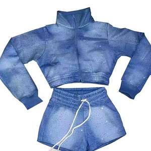 100% Cotton Women's Custom Logo Crop Zipper <b>Jacket</b> and Shorts Set Summer Clothing <b>Rhinestones</b> Sweat Suit Top and Short Set - Product Image 4