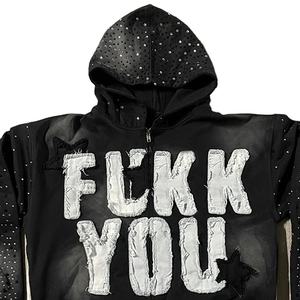 Sweat-shirt à capuche zippé intégral Y2K personnalisé pour homme, épais, avec patchwork graphique vieilli, en molleton, style streetwear avec appliques - Product Image 6