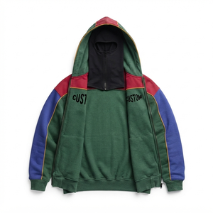 เสื้อฮู้ดดี้สีบล็อกตัดต่อแบบขายส่ง สไตล์วินเทจทรงโอเวอร์ไซส์สำหรับผู้ชาย ผ้าฝ้าย 100% เฟรนช์เทอร์รี่ ซิปหน้า ผู้ผลิต OEM - Product Image 4