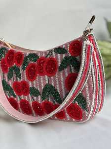Handmade Cherry Embroidery Beaded Handbag <b>Pink</b> Red Floral Pattern <b>Crossbody</b> <b>Bag</b> For Women Accessory <b>Pink</b> White Beaded - Product Image 5
