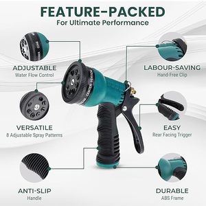 Manguera de jardín con pistola de pulverización de 8 patrones, 3 abrazaderas y adaptador para grifo, manguera de agua verde de alta resistencia para jardín y lavado de coches. - Product Image 2