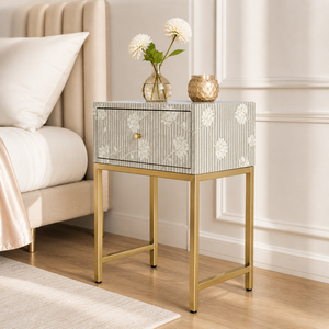 Modern Floral Pattern Nightstand Mirrored <b>Side</b> <b>Table</b> Bedside Cabinet Metal Frame <b>Drawer</b> Storage for Bedroom - Product Image 2