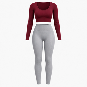 Conjunto de yoga de 2 piezas para mujer: leggings de cintura alta y top corto de manga larga con cuello redondo, acanalado, sin costuras, de color liso y longitud completa. - Product Image 1