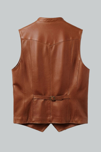 Chaleco de Hombre de Cuero Genuino Marrón con Cuello en V, Cierre de Cremallera, Talla Grande, Estilo Casual Elegante, Corte Regular, Color Sólido, Primavera - Product Image 2