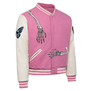 Pink Varsity <b>Jacket</b> with Skeleton Embroidery Crew Neck Collar Men's <b>Punk</b> Style Regular Fit Winter Wear - Product Image 1