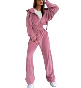 <b>Women</b>’s <b>Velour</b> Zip Up Hoodie Sweatpants Winter <b>Tracksuit</b> Blank Streetwear Sweatsuit Custom Logo Wholesale OEM - Product Image 1
