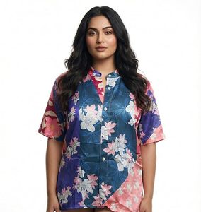Camisa Floral con Botones para Mujer, Blusa Casual de Manga Corta en Azul, Rosa y Blanco con Estampado Tropical - Product Image 1