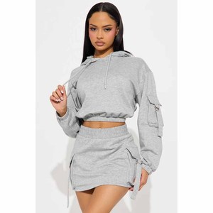<b>Women</b> 2 Piece <b>Set</b> Cropped Hoodie With Cargo Pockets And Matching Skirt Gray Casual Loose Fit All Seasons Sweatshirt Outfit - Product Image 5