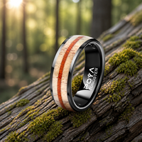 Bague de mariage biseautée en carbure de tungstène noir de 8 mm avec incrustation en bois naturel et véritable bois de cerf, ajustement confortable pour homme - Vente en gros