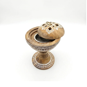 Chalice <b>Wooden</b> Incense Burner Bowl Stand Featuring White Hand Painted Ethnic Patterns Cutout Domed Lid Metal <b>Finial</b> For Decor - Product Image 2