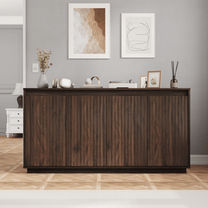 Credenza a 4 Ante in Legno di Noce con Presa di Corrente, Design con Texture Verticale Ondulata, Ante Senza Maniglie - Product Image 5
