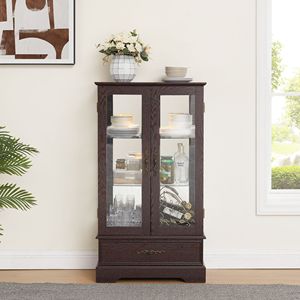 <b>Lighted</b> 2-Door Glass Curio Cabinet with 1 Drawer Adjustable Glass Shelves & Bulb Included Display & China Cabinet - Product Image 4